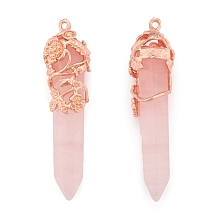 Honeyhandy Natural Rose Quartz Pointed Pendants, with Brass Findings, Bullet, Rose Gold, 57~60x16mm, Hole: 8x5mm