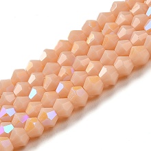 Honeyhandy Opaque Solid Color Imitation Jade Glass Beads Strands, AB Color Plated, Faceted, Bicone, Bisque, 4x4mm, Hole: 0.8mm, about 87~98pcs/strand, 12.76~14.61 inch(32.4~37.1cm)