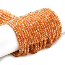 Electroplate Transparent Glass Beads Strands, Rainbow Plated, Faceted Round, Orange, 3x2.5mm, Hole: 0.7mm, about 149pcs/strand, 14.57''(37cm)