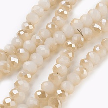 Honeyhandy Electroplate Glass Beads Strands, Imitation Jade Glass, Half Rainbow Plated, Faceted, Rondelle, Linen, 6x4~5mm, Hole: 0.8~1mm, about 88~92pcs/strand, 15.5 inch~16 inch(39~45cm)