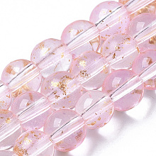 Arricraft Transparent Spray Painted Glass Bead Strands, with Golden Foil, Round, Pink, 6~7mm, Hole: 1.2~1.5mm, about 65~67pcs/Strand, 14.76 inches~15.12 inches(37.5~38.4cm)