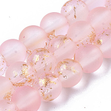 Honeyhandy Frosted Spray Painted Glass Beads Strands, with Golden Foil, Round, Pink, 6~7mm, Hole: 1.2~1.5mm, about 65~67pcs/Strand, 14.76 inch~15.12 inch(37.5~38.4cm)