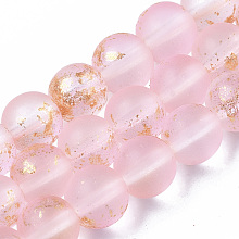 Honeyhandy Frosted Spray Painted Glass Beads Strands, with Golden Foil, Round, Pink, 8~9mm, Hole: 1.2~1.5mm, about 46~56pcs/Strand, 14.37 inch~16.3 inch(36.5~41.4cm)