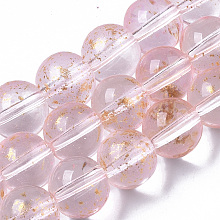 Honeyhandy Transparent Spray Painted Glass Bead Strands, with Golden Foil, Round, Pink, 10~11mm, Hole: 1.4~1.6mm, about 39~42pcs/Strand, 14.84 inch~15.27 inch(37.7~38.8cm)