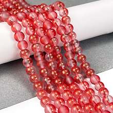 Frosted Transparent Glass Bead Strands, with Gold Powder, Round, Salmon, 6mm, Hole: 1mm, about 146pcs/strand, 31.02''(78.8cm)