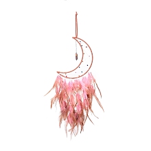 Honeyhandy Moon Woven Net/Web with Feather Pendant Decoration, Bullet Synthetic Turquoise Charm Hanging Wall Decoration, for Home Bedroom Car Ornaments Birthday Gift, Pink, 600mm