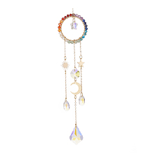 Honeyhandy Glass Teardrop & Star Window Hanging Suncatchers, Ring Natural Gemstone & Brass Sun & Moon & Star Pendants Decorations Ornaments, 235mm