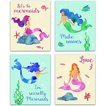 CREATCABIN 4pcs Mermaid Canvas Wall Art Set Print Poster Home Decor Wall Art Modern Artwork Beach Ocean Nautical Seaweed for Dressing Room Bedroom Bathroom Home Girls Gift 8 x 10inch Unframed