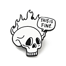 Honeyhandy Skull with Fire Halloween Enamel Pin, Word This Is Fine Alloy Badge for Backpack Clothes, Electrophoresis Black, White, 30x29x1.5mm