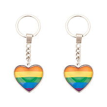 DICOSMETIC 2Pcs Pride Alloy Keychain, with Iron Ring and Glass, Heart with Rainbow Pattern, Colorful, 10.05cm