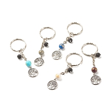 Honeyhandy Natural Gemstone Beads Keychain, with Tibetan Style Alloy Pendants, Iron Split Key Rings, Flat Round with Tree of Life, 7.6cm