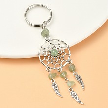 Honeyhandy Natural Green Aventurine Chip Keychain, with Tibetan Style Pendants and 316 Surgical Stainless Steel Key Ring, Woven Net/Web with Feather, 107mm, Pendant: 82x28x7mm