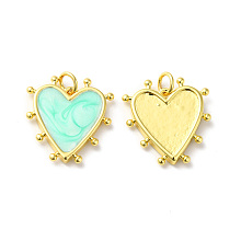 Honeyhandy Rack Plating Brass Enamel Pendants, with Jump Ring, Lead Free & Cadmium Free, Heart Charm, Real 18K Gold Plated, Aquamarine, 19x18x3mm, Hole: 3.5mm