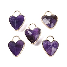 Natural Amethyst Faceted Pendans, Golden Plated Brass Heart Charms, 23x18x7~7.5mm, Hole: 6x6.5mm