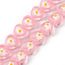 Honeyhandy Handmade Lampwork Beads Strands, with Enamel, Heart with Flower Pattern, Pink, 12x12.5x7mm, Hole: 1mm, about 30pcs/strand, 13.39 inch(34cm)