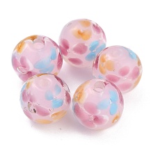 Honeyhandy Round Lampwork Beads, Plum Flower Petal Pattern, with Hole, Pink, 12mm, Hole: 1.8mm