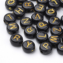 Honeyhandy Opaque Acrylic Beads, Metal Enlaced, Horizontal Hole, Flat Round, Mixed Letters, Black, 7x4mm, Hole: 2mm, about 3700pcs/500g