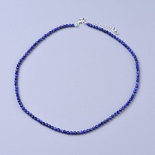 Honeyhandy Natural Lapis Lazuli Beaded Necklaces, with Brass Lobster Claw Clasps, Faceted Round Beads, 16.5 inch~16.7 inch(42~42.5cm)x3~3.5mm