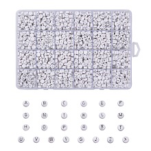 Honeyhandy Plating Acrylic Beads, Silver Metal Enlaced, Horizontal Hole, Flat Round with Letter, White, Letter A~Z, 1728pcs/box