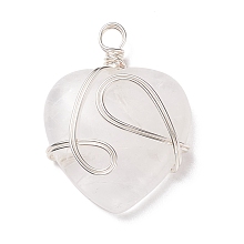 Honeyhandy Natural Quartz Crystal Pendants, with Silver Tone Copper Wire Wrapped, Heart, 39~41x30~30.5x8.5~9.5mm, Hole: 4~4.2mm