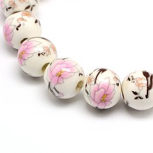 Arricraft Handmade Flower Printed Porcelain Ceramic Beads Strands, Round, PearlPink, 10mm, Hole: 2mm; about 38pcs/strand, 14.1"