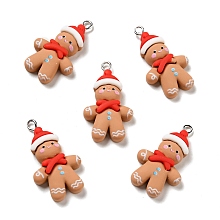 Honeyhandy Christmas Opaque Resin Pendants, with Platinum Tone Iron Loops, Gingerbread Man Charm, Sandy Brown, 33x19x6.5mm, Hole: 2x2.7mm