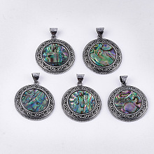 Honeyhandy Abalone Shell/Paua Shell Pendants, with Resin Bottom and Alloy Findings, Flat Round, Antique Silver, 42.5x38x4.5mm, Hole: 8x6mm