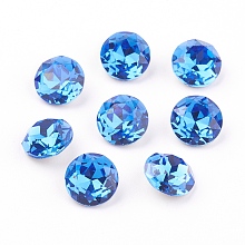 Honeyhandy Pointed Back & Back Plated Glass Rhinestone Cabochons, Grade A, Faceted, Flat Round, Sapphire, 8x4.5mm