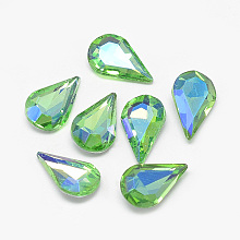 Honeyhandy Pointed Back Glass Rhinestone Cabochons, Back Plated, Faceted, AB Color Plated, teardrop, Light Green, 13x8x4mm