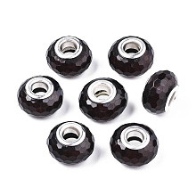 Honeyhandy Resin European Beads, Large Hole Beads, with Silver Color Plated Brass Cores, Faceted, Rondelle, Large Hole Beads, Olive Drab, 13.5~14.5x9mm, Hole: 5mm