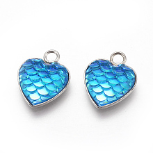 Honeyhandy 304 Stainless Steel Pendants, with Resin, Heart with Fish Scale Shape, Stainless Steel Color, Deep Sky Blue, 16x13x3.5mm, Hole: 2mm