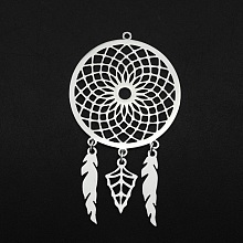 Honeyhandy 201 Stainless Steel Big Pendants, Laser Cut, Woven Net/Web with Feather, Stainless Steel Color, 64x35x1mm, Hole: 1.6mm