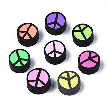 Handmade Polymer Clay Beads, Flat Round with Peace Sign, Mixed Color, 9~10x4.5mm, Hole: 1.6mm