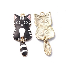 Light Gold Rack Plating Alloy Enamel Pendants, Cadmium Free & Nickel Free & Lead Free, Cat Charm, Black, 38x15.7x3mm, Hole: 2mm