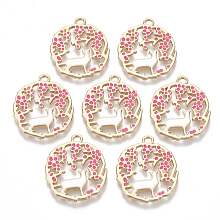 Honeyhandy Alloy Pendants, with Enamel, Plum Blossom Branch with Cat Shape, Golden, Hot Pink, 25.5x22x1.5mm, Hole: 2mm