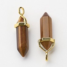 Honeyhandy Natural Tiger Eye Pointed Pendants, with Random Alloy Pendant Hexagon Bead Cap Bails, Golden, Bullet, 37~40x12.5x10mm, Hole: 3x4.5mm