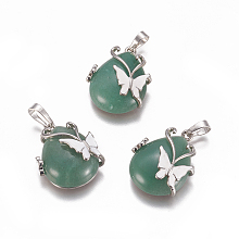 Honeyhandy Natural Green Aventurine Pendants, with Enamel and Brass Findings, teardrop, with Butterfly, Platinum, 30x23.5x12mm, Hole: 10x6mm