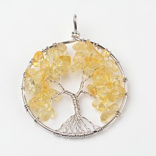 Honeyhandy Tree of Life Natural Citrine Big Pendants, with Brass Findings, Platinum, 63~65x49~51x8~10mm, Hole: 8~10mm