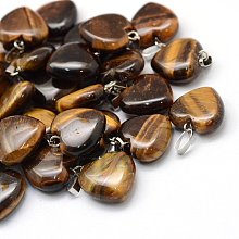 Honeyhandy Heart Natural Tiger Eye Pendants, with Platinum Plated Brass Findings, 17~19x15~16x5~8mm, Hole: 2x7mm