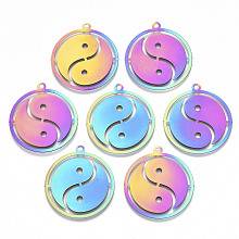 Honeyhandy Feng Shui Ion Plating(IP) 201 Stainless Steel Pendants, Etched Metal Embellishments, Flat Round with YinYang, Rainbow Color, 33x30x0.3mm, Hole: 2mm