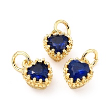 Honeyhandy Brass Micro Pave Mixed Color Cubic Zirconia Pendants, Real 18K Gold Plated, Long-Lasting Plated, Heart, Dark Blue, 9.3x7.4x5.5mm, Hole: 3mm