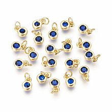 Honeyhandy Brass with Single Cubic Zirconia Charms, Single Stone Charms, Flat Round, Golden, Blue, 6.5x4.5x2mm, Hole: 2.5~3mm