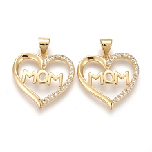 Honeyhandy Brass Micro Pave Clear Cubic Zirconia Pendants, Long-Lasting Plated, with Snap On Bails, for Mother's Day, Heart with Word Mom, Golden, 18.5x19x2mm, Hole: 4.5~3.5mm