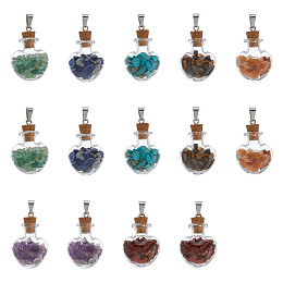 DICOSMETIC 2 Sets Mixed Stone Chip Heart Glass Wishing Bottle Pendants, Chakra Bottle Charms with Stainless Steel Color Tone 201 Stainless Steel Snap on Bails, 32.5x22x13mm, Hole: 8x4mm, 7pcs/set