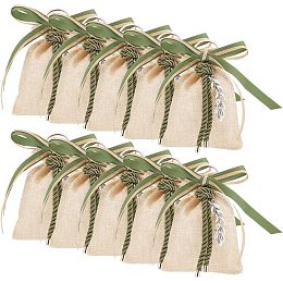 NBEADS 10 Pcs Drawstring Gift Bags, Burlywood Imitation Burlap Bags Polyester Jewelry Pouch with Green Bowknot and Wheat Pendant for Christmas Party Wedding Favors Bags, 5.5×3.74 Inch