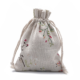 Honeyhandy Polycotton(Polyester Cotton) Packing Pouches Drawstring Bags, with Printed Leafy Branches, Old Lace, 14x10cm