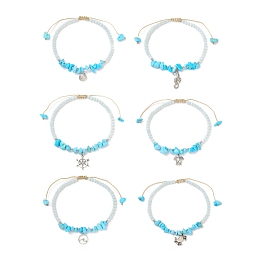 Honeyhandy Ocean Theme Synthetic Turquoise Anklets Set, with Glass Beads and Tibetan Style Zinc Alloy Charms, Inner Diameter: 2-1/2~3-5/8 inch(6.5~9.1cm), 6pcs/set