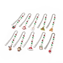 Christmas Theme Resin Pendant Bookmarks, Flower Pattern Tibetan Style Alloy Hook Bookmark, Holly Leaf/Santa Claus/Reindeer, Mixed Color, 135~142mm, 10 style, 1pc/style, 10pcs/set