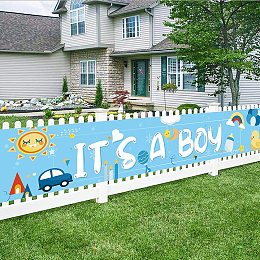 FINGERINSPIRE 118x20inch It's A Boy Banner with Hanging Rope Sky Blue Baby Shower Party Supplies Rectangle Polyester Hanging Sign with Sun Car Bottle Toy Pattern for Outdoor & Indoor Decor