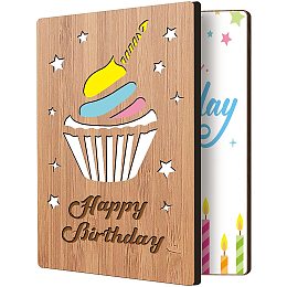 FINGERINSPIRE Happy Birthday Card Real Bamboo Wood Greeting Card with Hollow Cake & Star and Engraved Words Design, Handmade Handwritten Card with Envelope for Sending Birthday Wishes